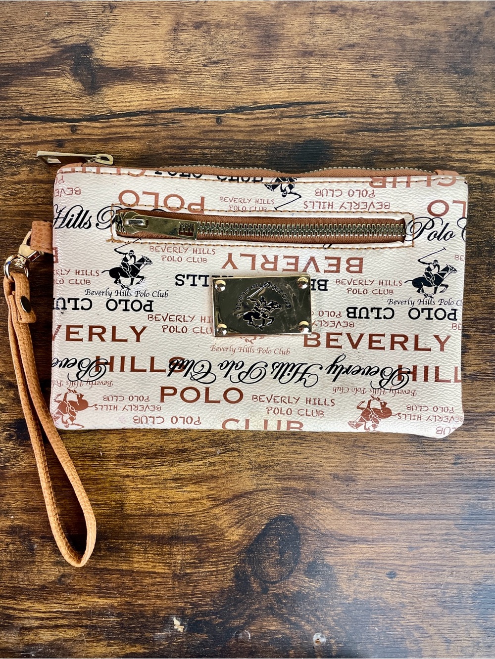 Beverly Hills Polo Club Cream and Tan Logo Print Wristlet Clutch